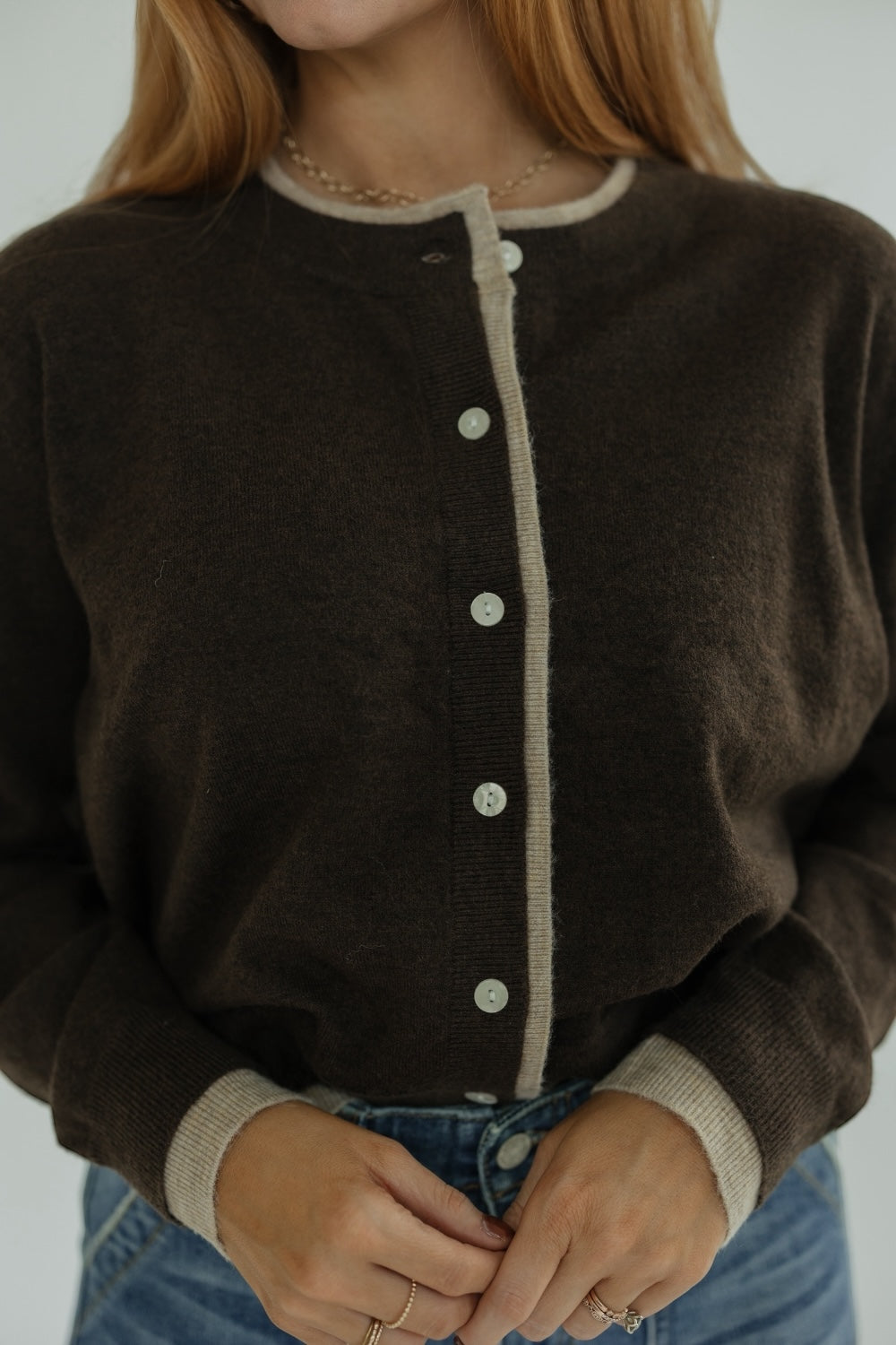 Brown/Tan Color Contrast Button Front Cardigan