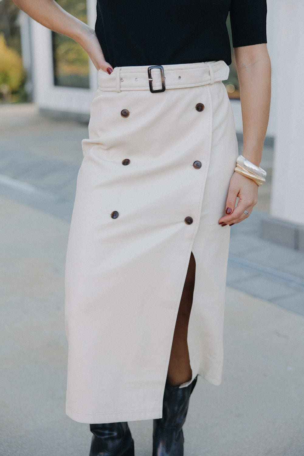 Jackie Cream Leather Double Button Skirt (XS-3XL)