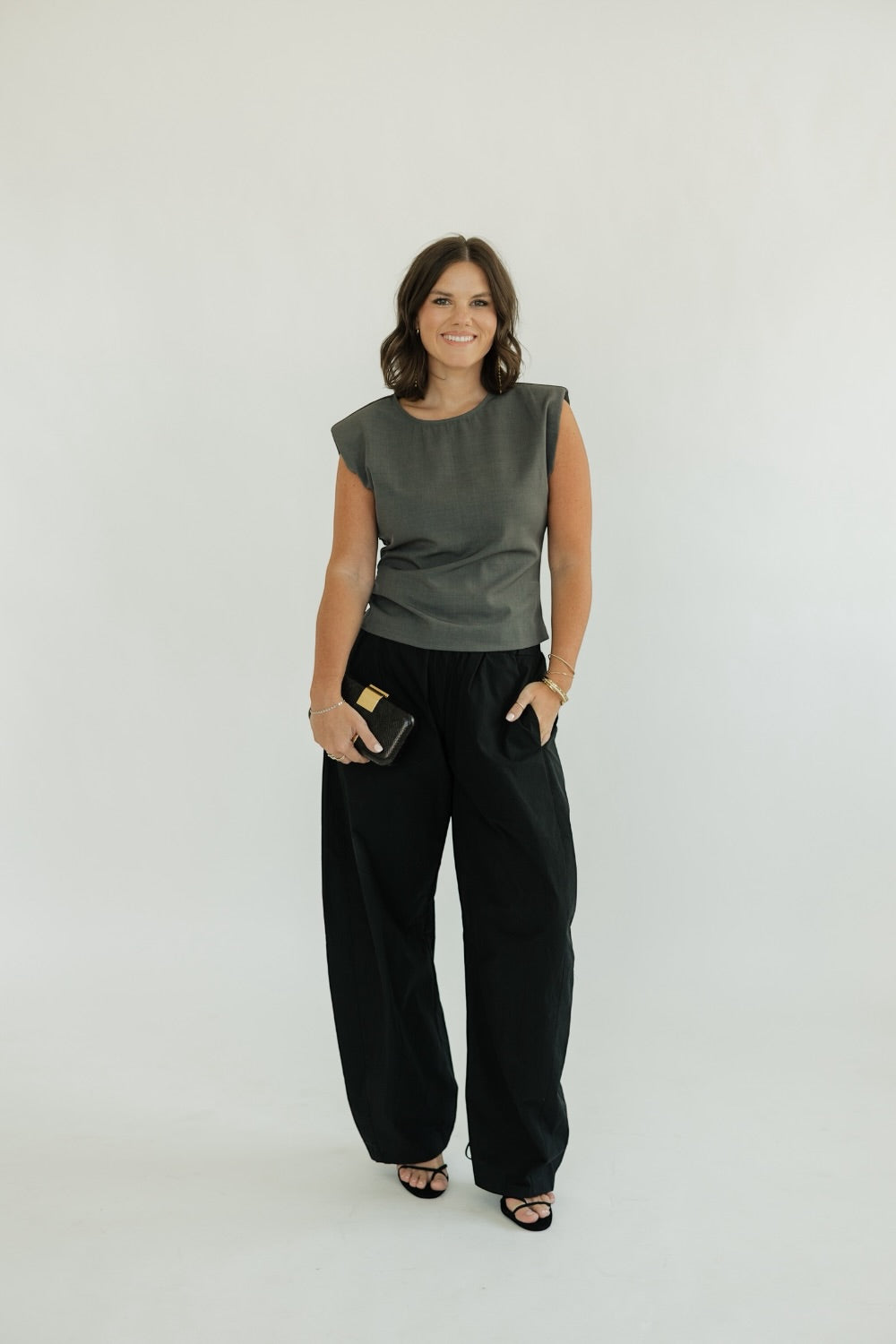 Slate Shoulder Pad Waist Shirring Top