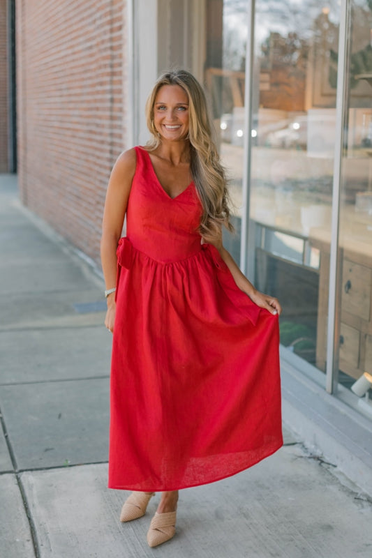 Olive Red Linen Midi Dress