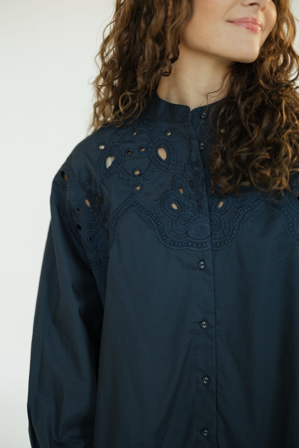 Navy Embroidered Button Down Mini Dress