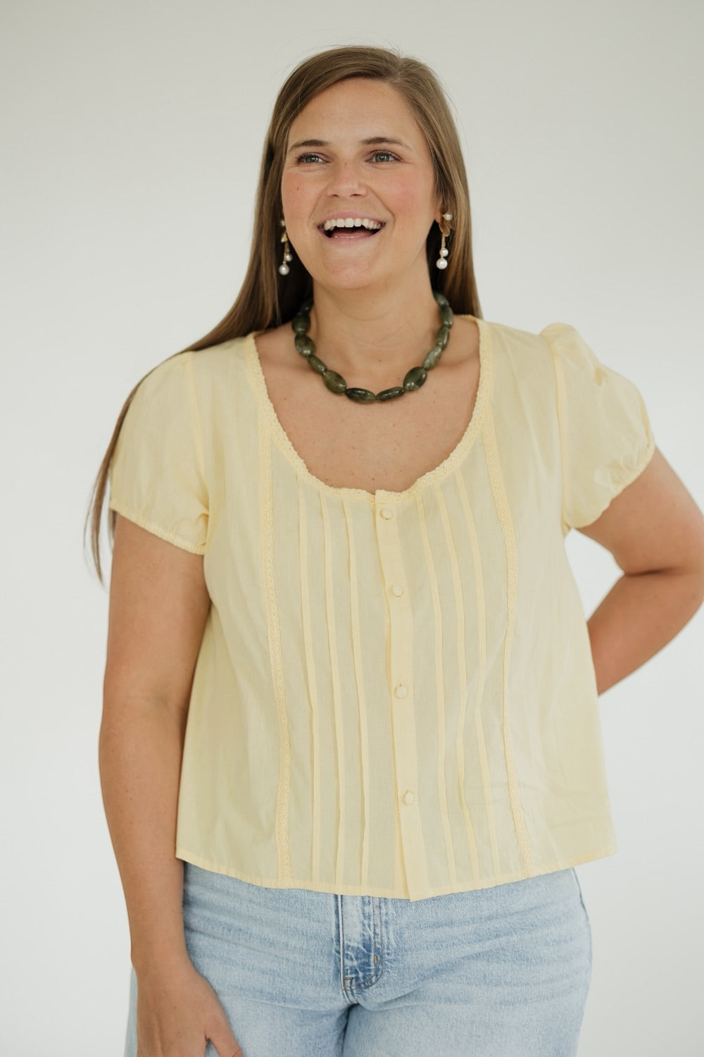 Sara Butter Yellow Front Pleat Button Up Top (XS-3XL)