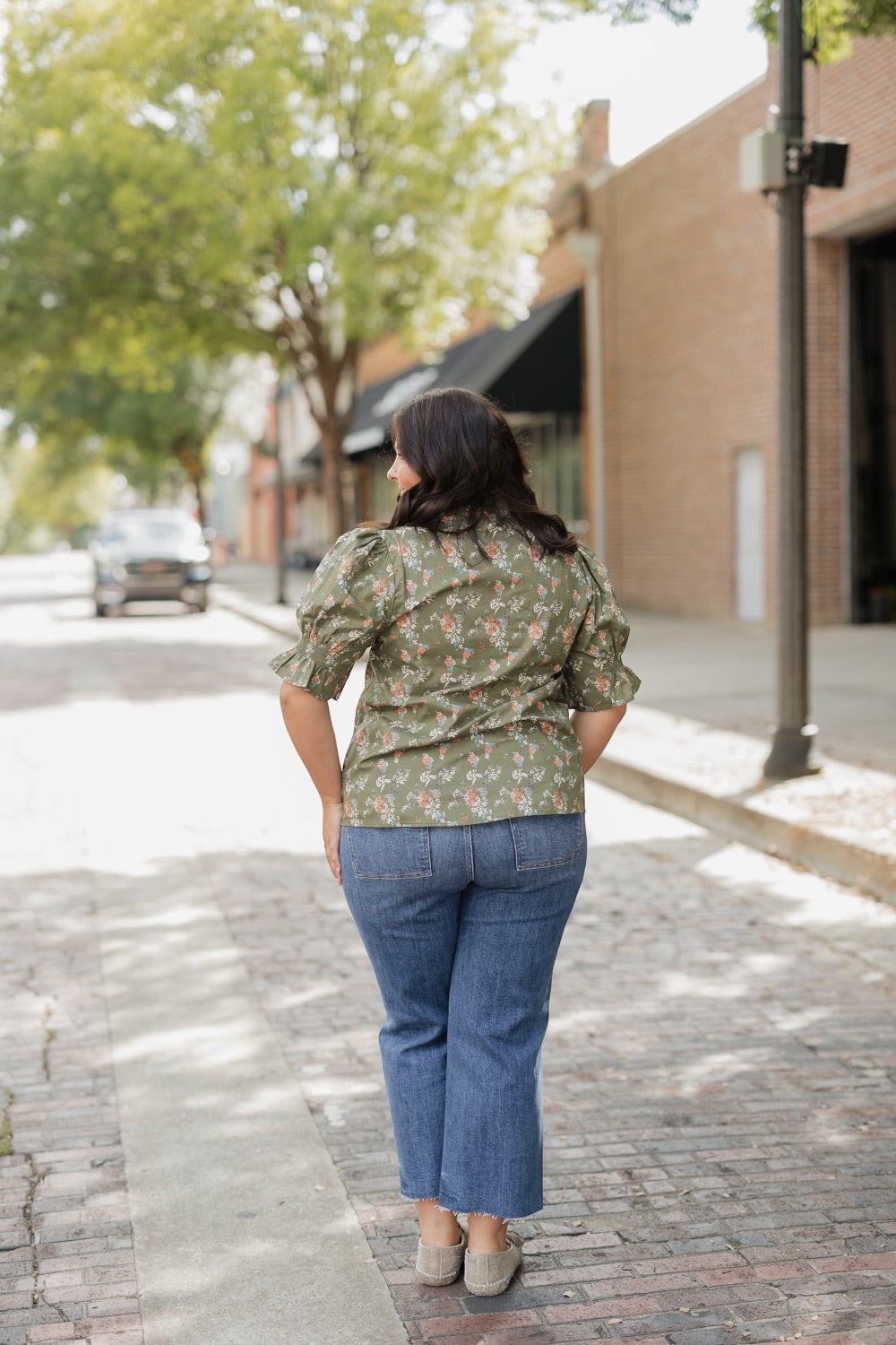 Devon Floral Olive Ruffled Neck Top