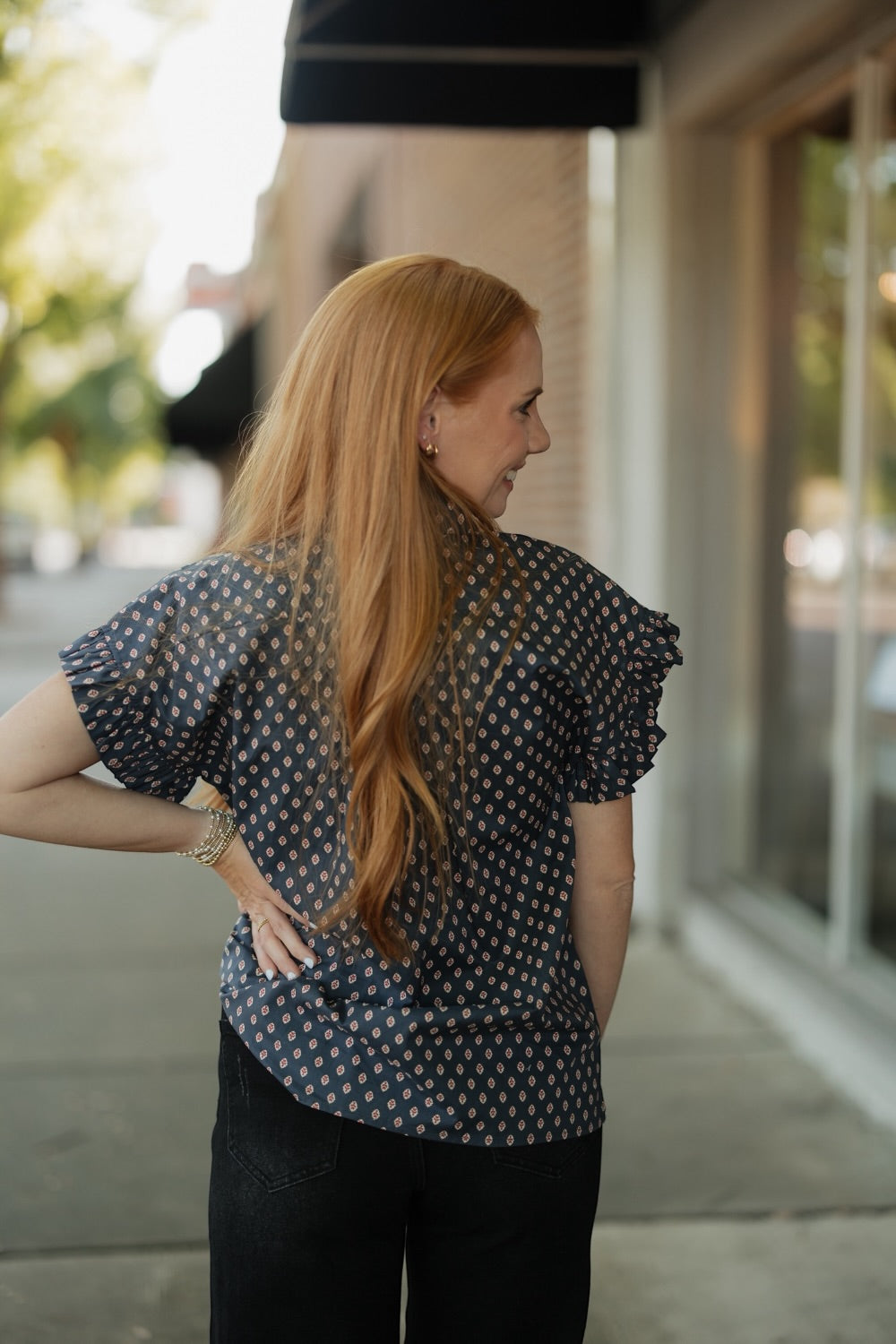 Ginny Navy Geometric Diamond Print Top