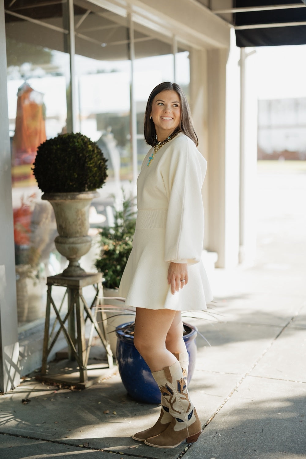 Caroline Cream Ballon Sleeve Sweater Dress