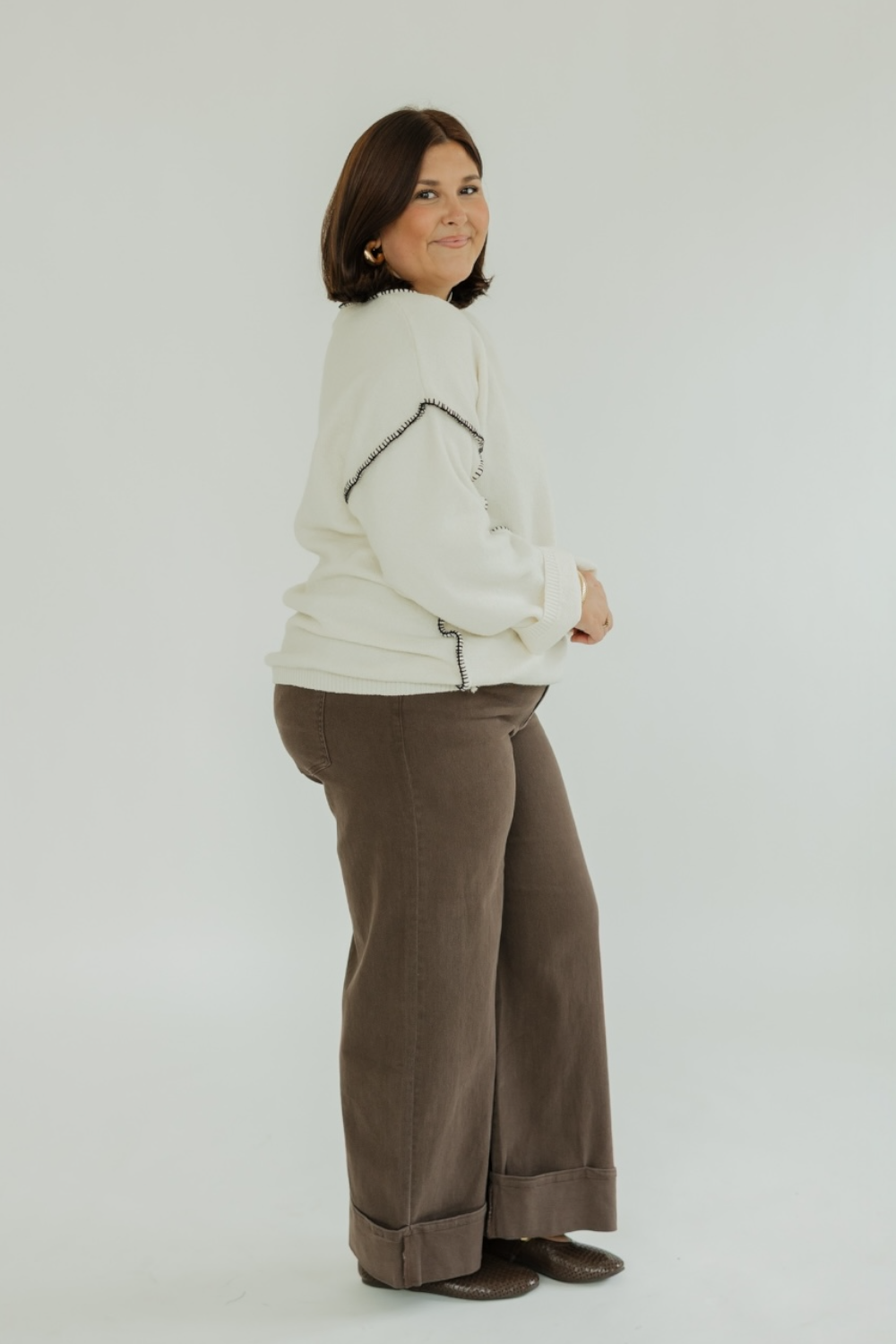 Tiffany Contrast Stitch Cream Sweater (S-3XL)