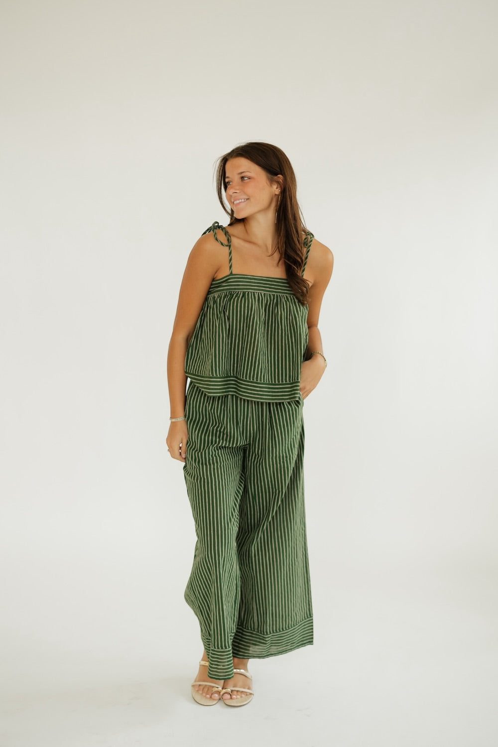 Green Striped Print Wide Leg Pant