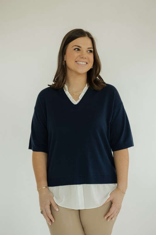 Navy Mixed Media Layered Knot Top