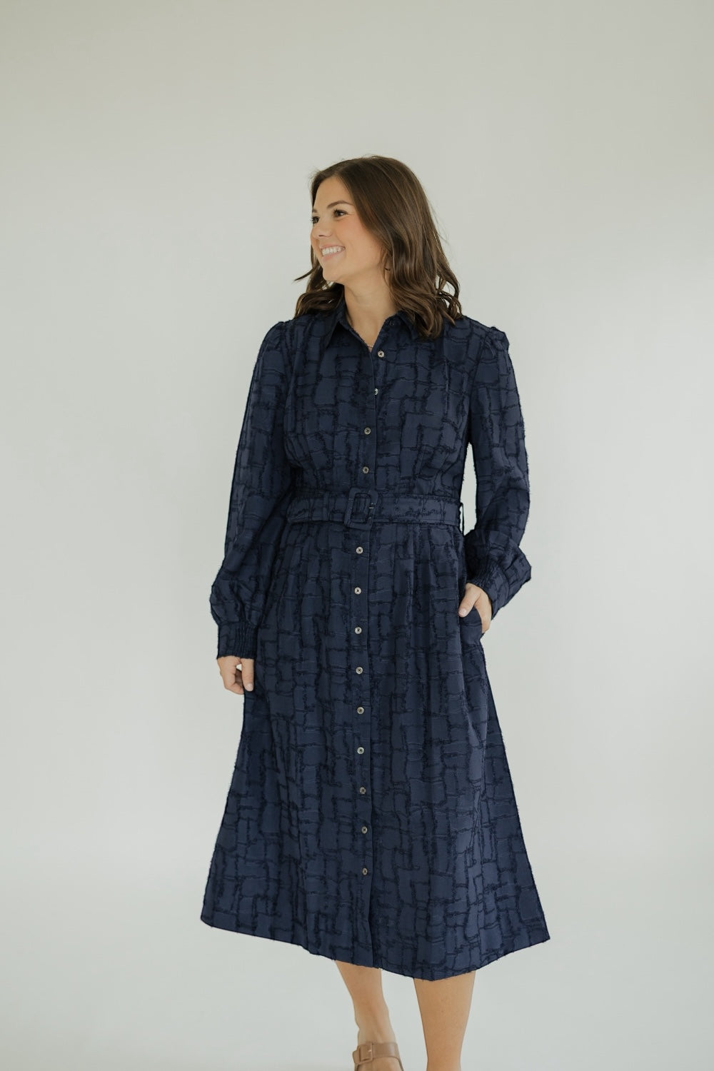 Nancy Navy Belted Midi Dress