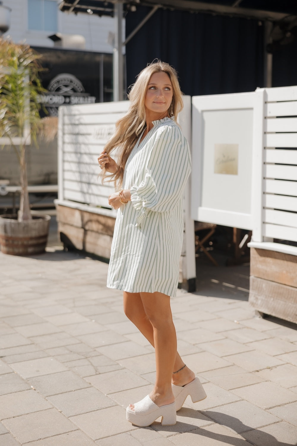 Fiona Sage Striped Flowy Dress (S-2XL)