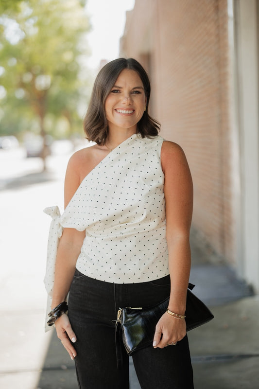Celestine Satin Asymmetrical Polka Dot Top