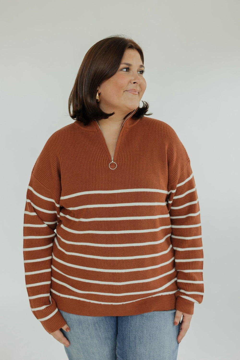 Rust Striped Zip Neck Sweater (XS-XXL)