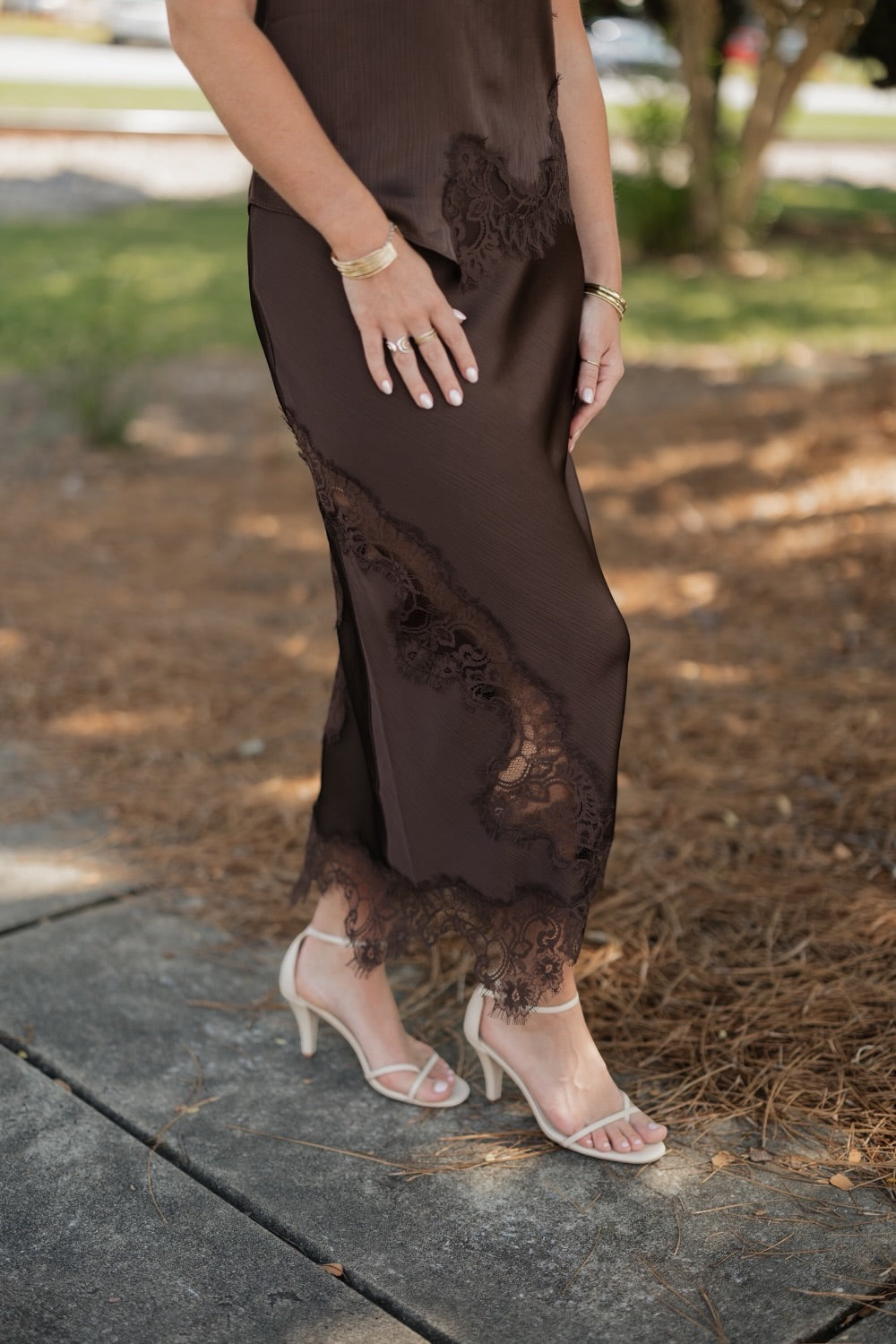 Staci Brown Mixed Lace Satin Midi Skirt (XS-XL)