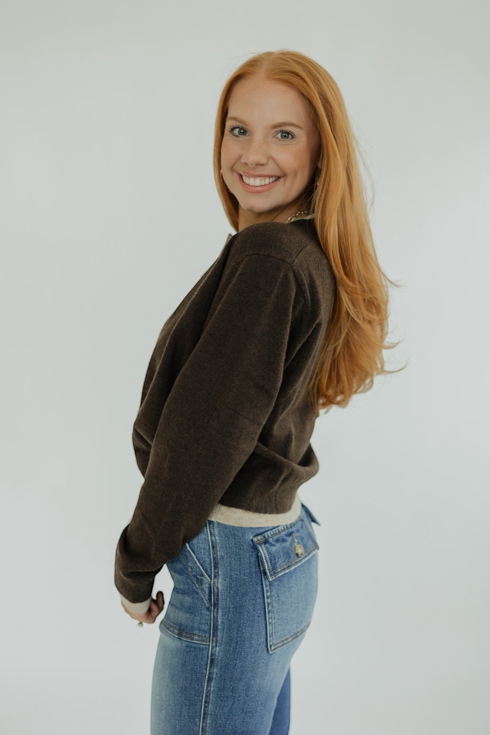 Brown/Tan Color Contrast Button Front Cardigan