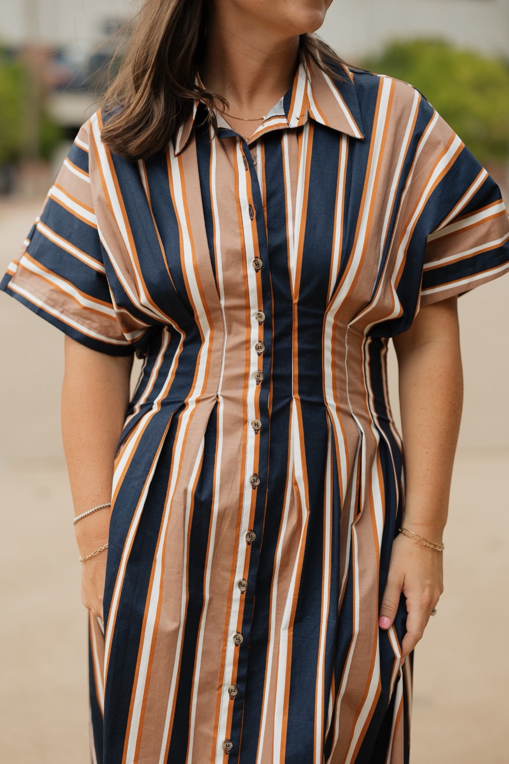 Clara Navy Multi Striped Cinched Waist Midi Dress