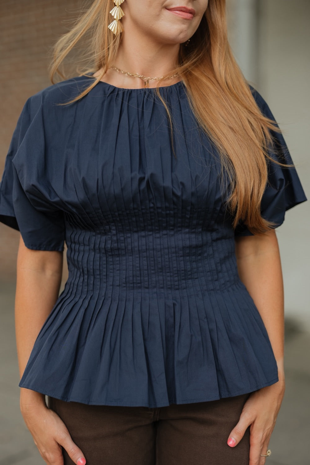 Penelope Navy Pleated Waist Peplum Top