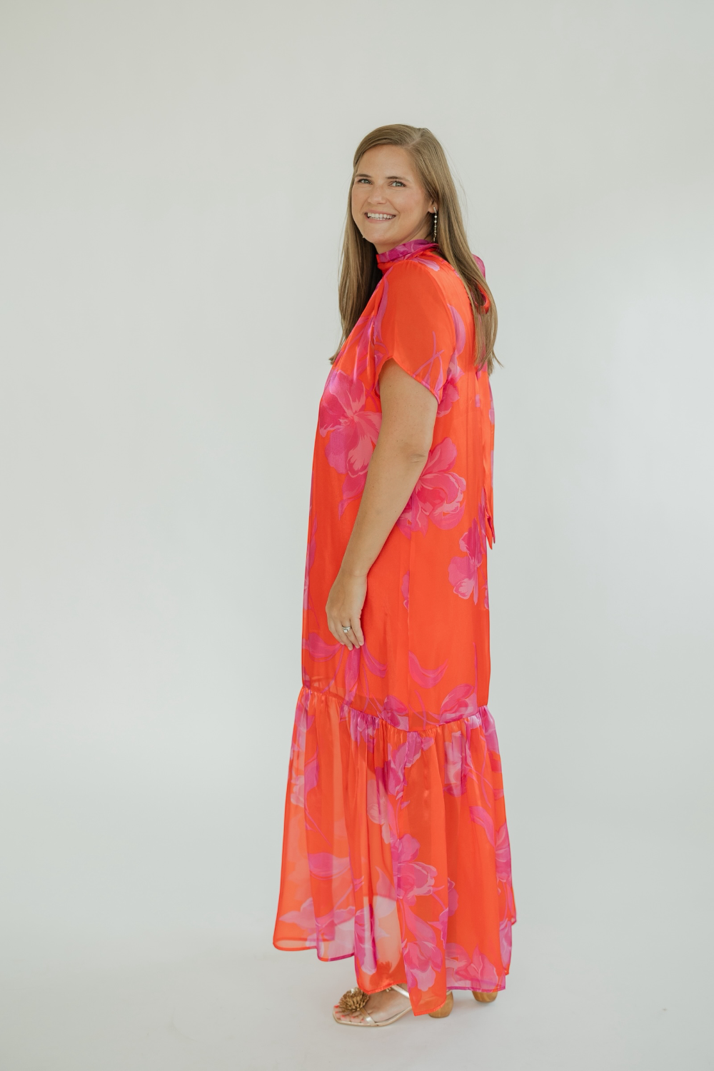 Dime Red Fuchsia Organza Mockneck Maxi Dress (XS-3XL)