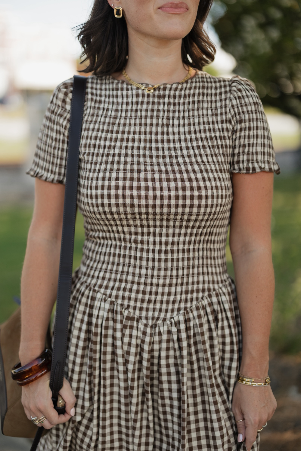 Bianca Brown Gingham Drop Waist Smocked Midi Dress
