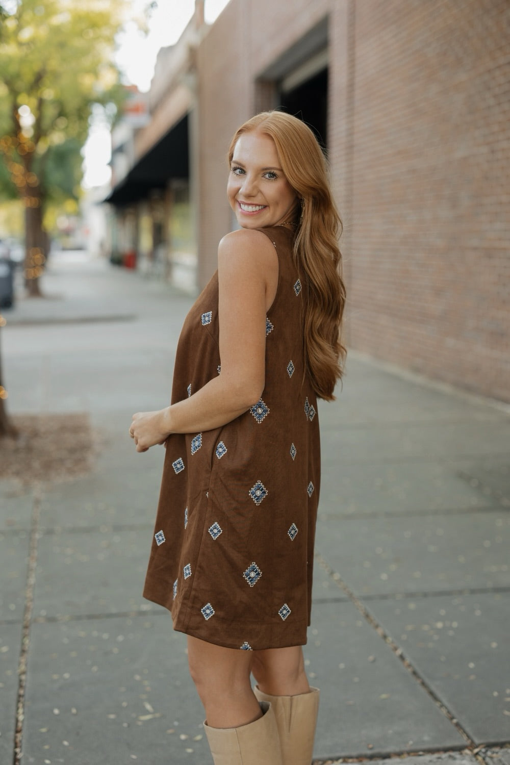 Embroidered Suede A-Line Mini Dress