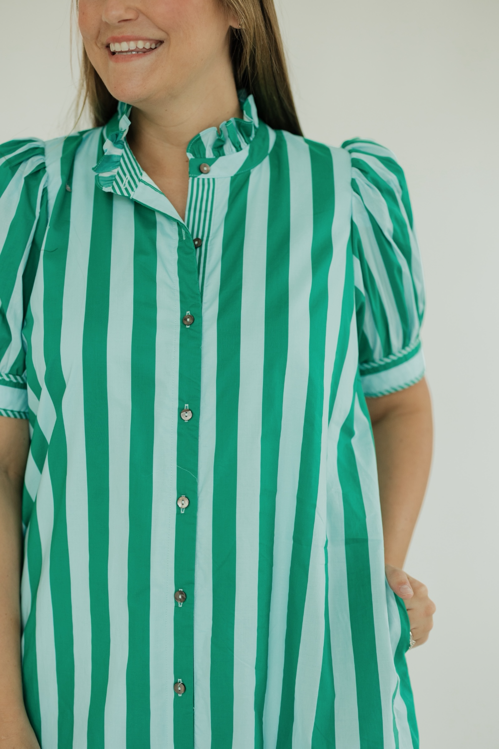 Green Striped Button Down Midi Dress Green Striped Button Down Midi Dress