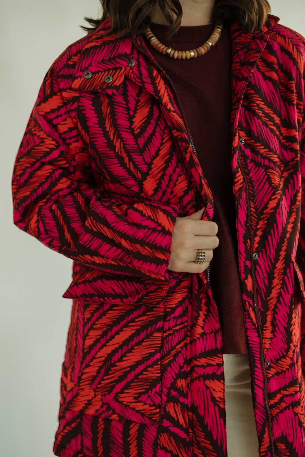 Fedora Pink/Maroon Print Puffer Coat (XS-XL)
