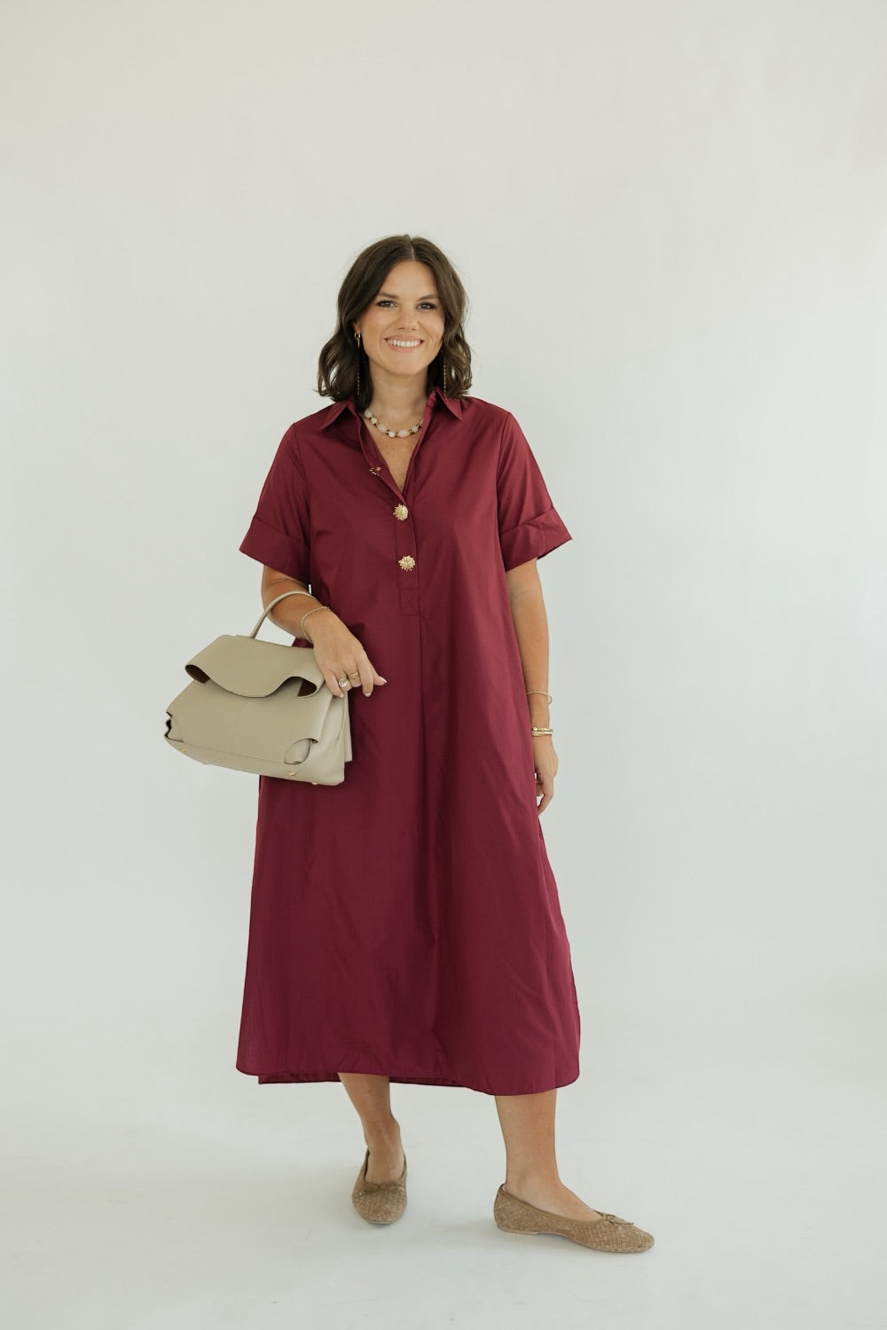 Daryl Wine Button Front Midi Dress (S-2XL)