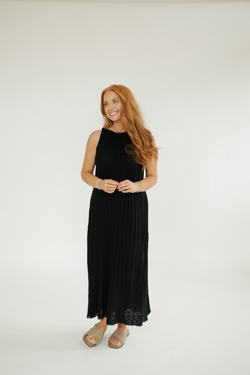 Pauline Black Pleated Front Knit Midi Dress (XS-XL)