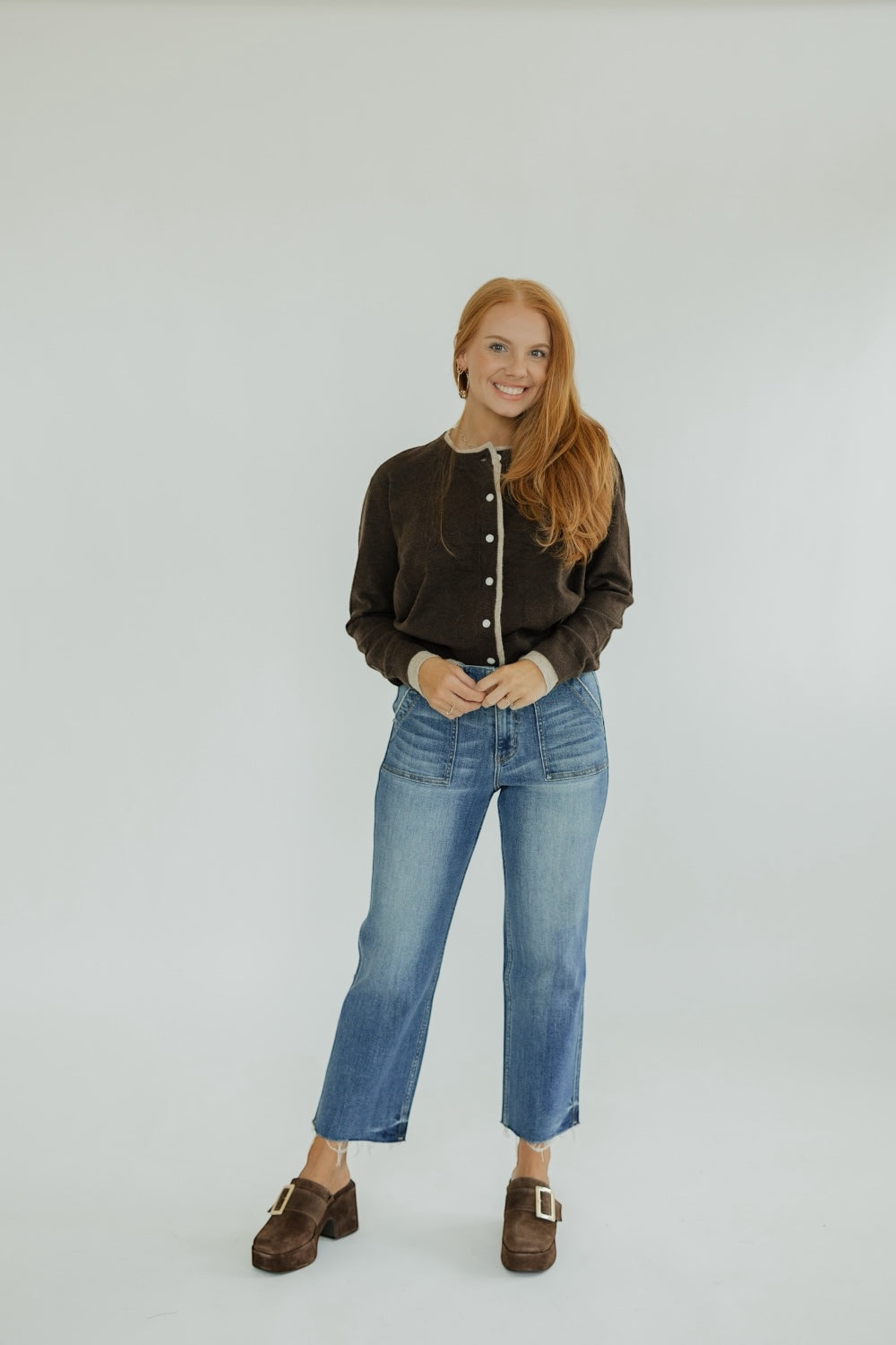 Brown/Tan Color Contrast Button Front Cardigan