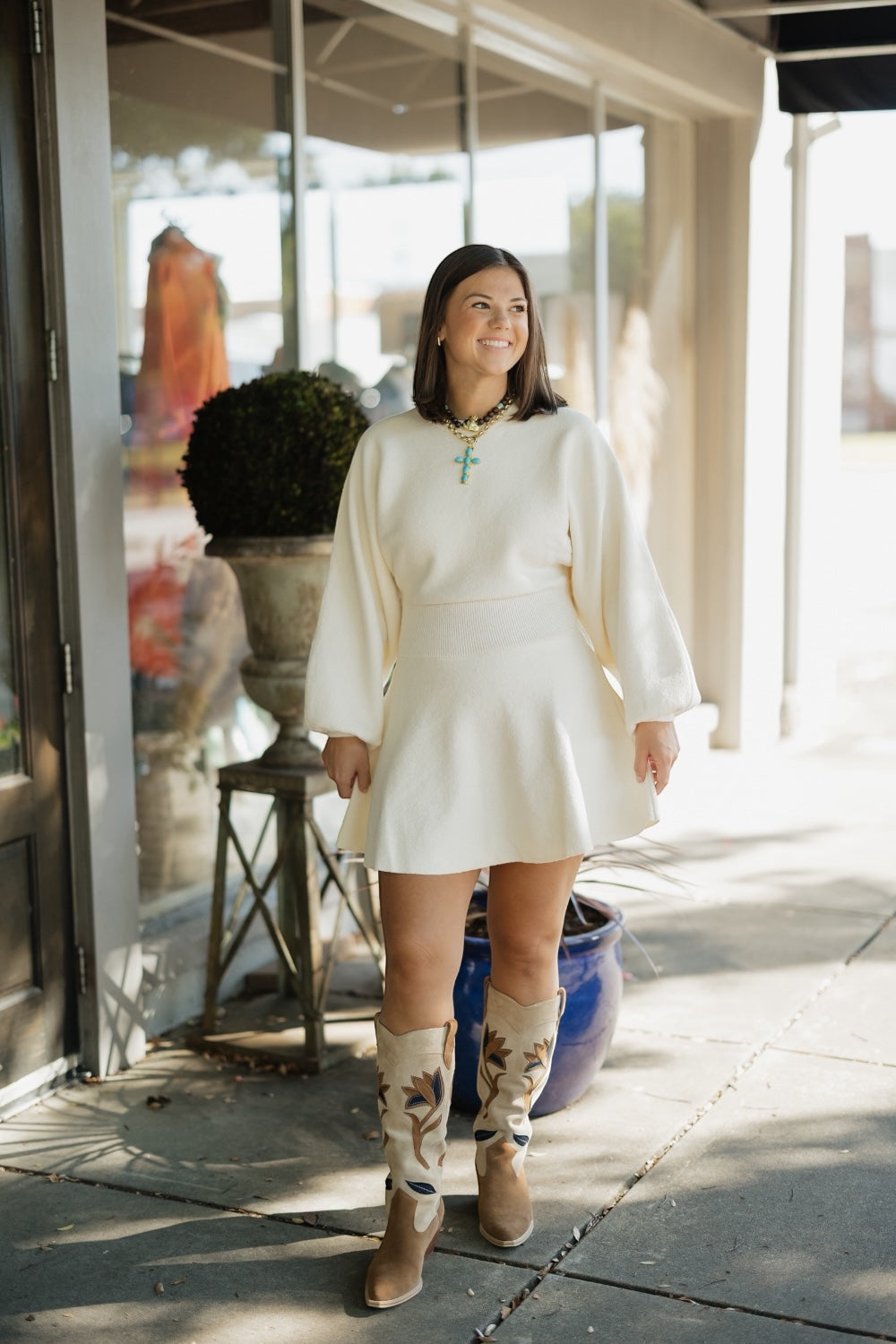 Caroline Cream Ballon Sleeve Sweater Dress