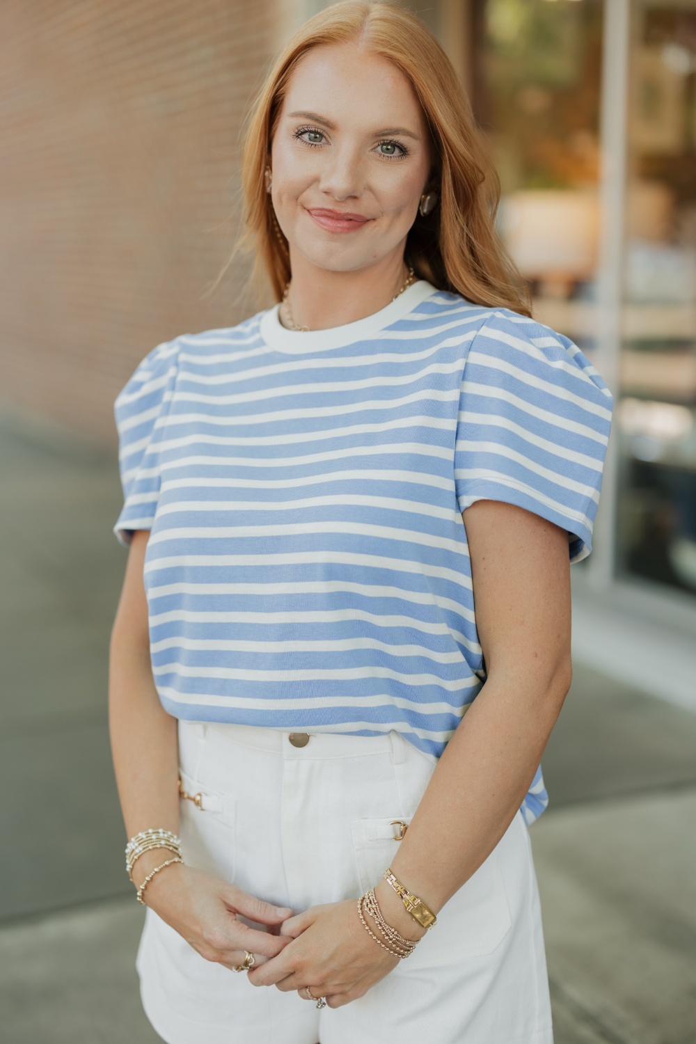 Larissa Blue/White Pleat Sleeve Tee (XS-XL)