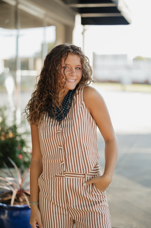 Farrah Mocha Striped Button Front Vest