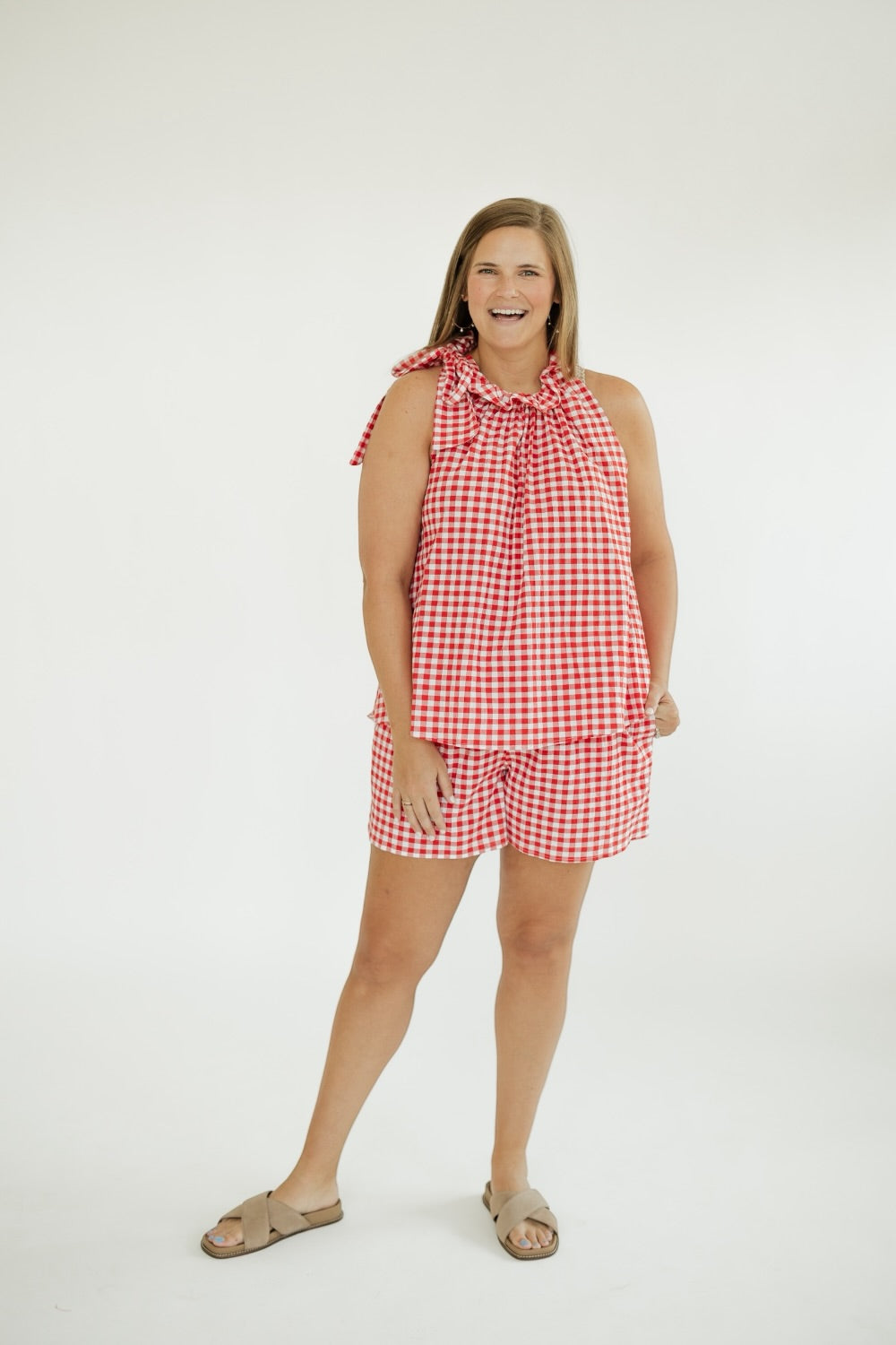 Faye Red Gingham Elastic Waist Shorts (S-3XL)