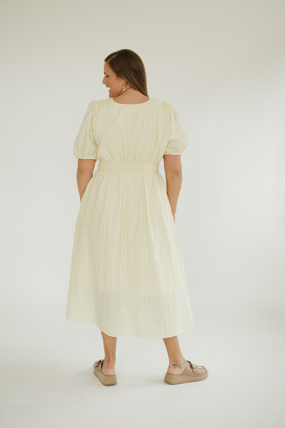 Jackie Yellow Jacquard Front Tie Detail Midi Dress