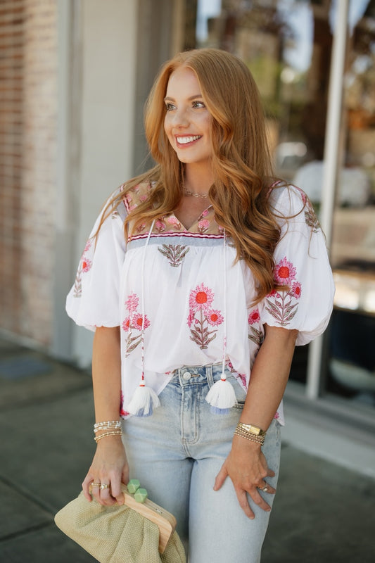 Taryn Puff Sleeve Floral Tassel Top (XS-XL)