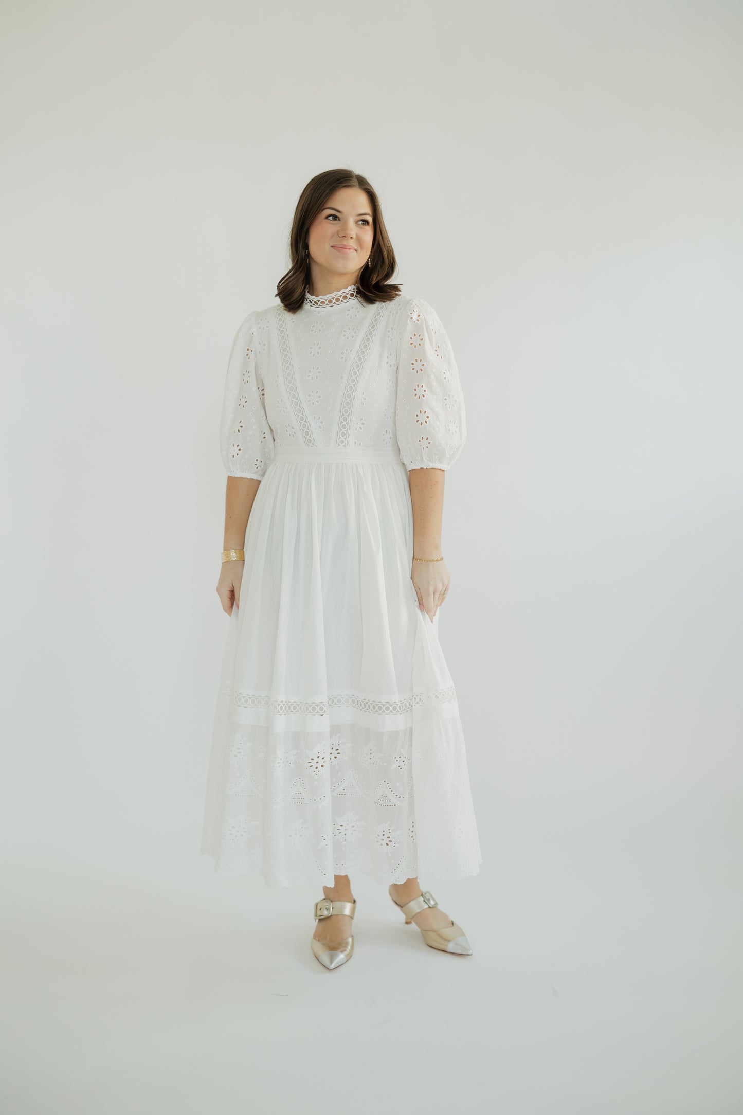 Monica White Mockneck Eyelet Midi Dress