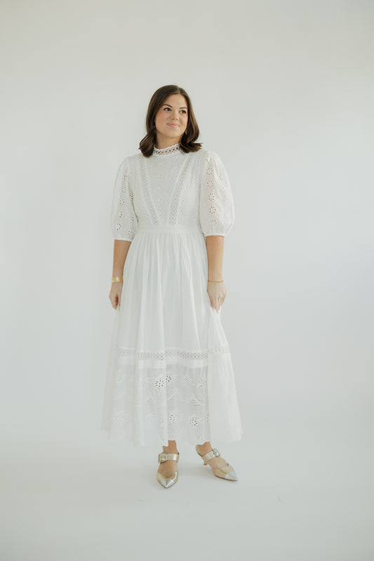 Monica White Mockneck Eyelet Midi Dress