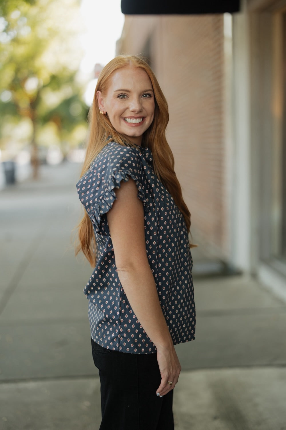 Ginny Navy Geometric Diamond Print Top
