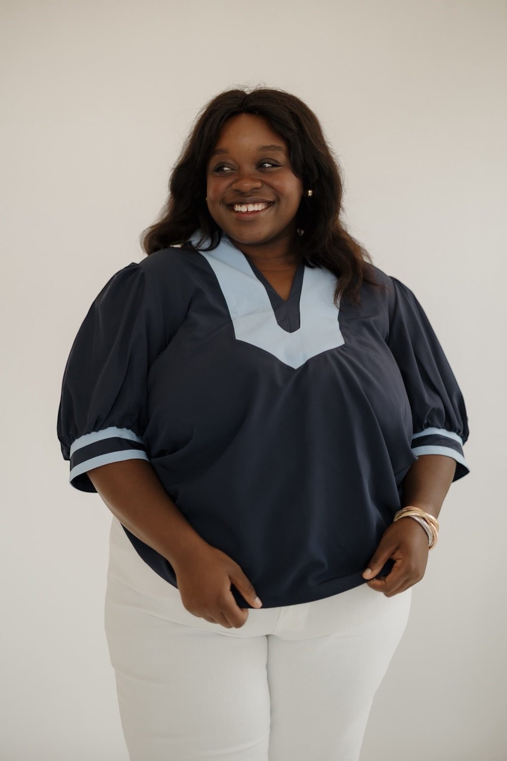 Navy Contrast Collar Top (S-2XL)