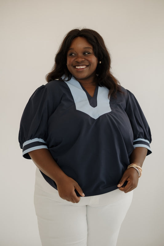 Navy Contrast Collar Top (S-2XL)