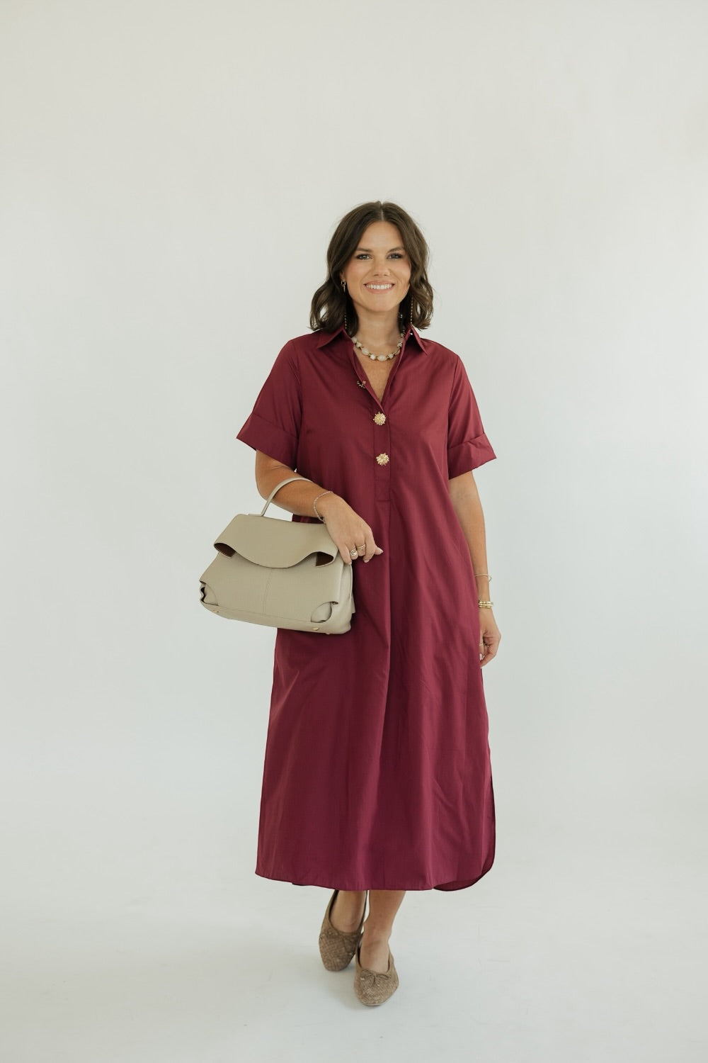 Daryl Wine Button Front Midi Dress (S-2XL)