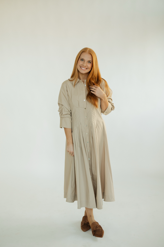 Dallis Oat Tuck Detailed Button Down Midi Dress