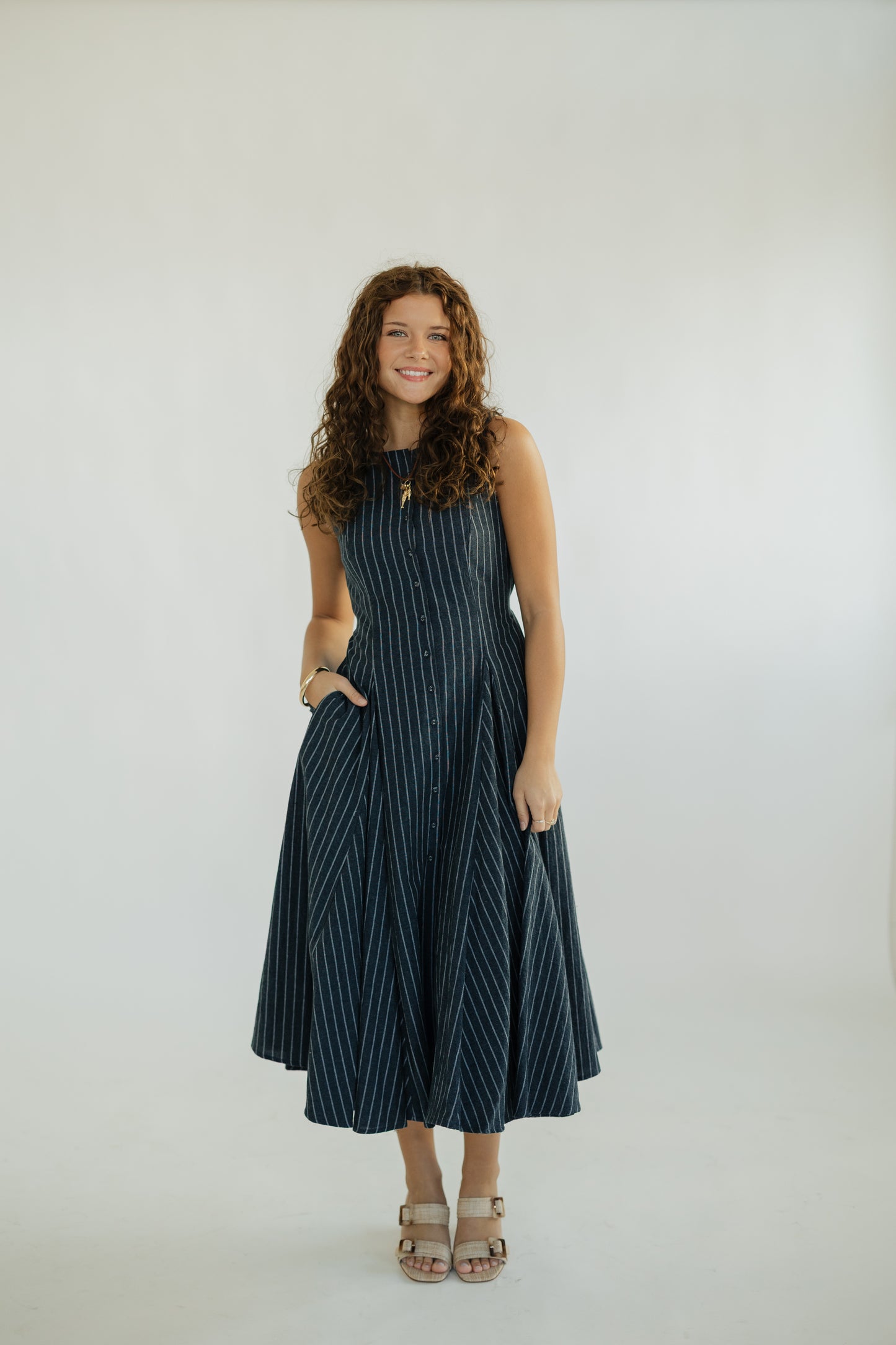 Navy Linen Striped Midi Dress