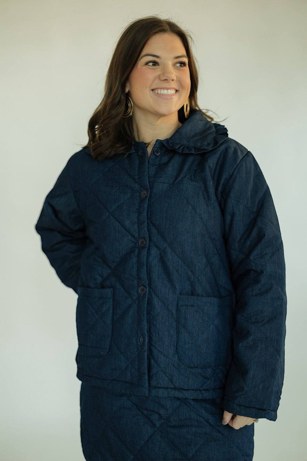 Janet Quilted Denim Ruffle Collar Jacket (XS-XL)