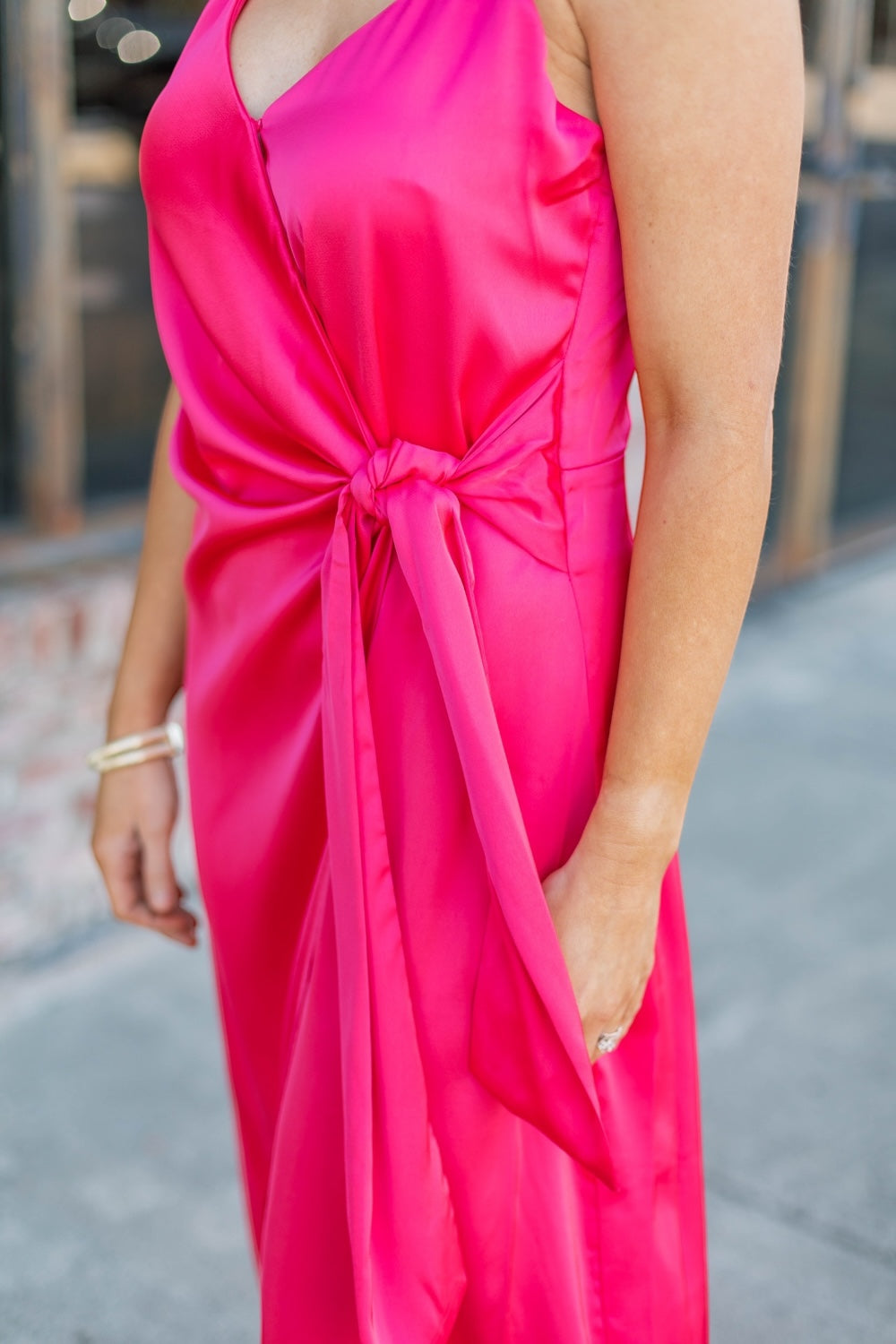 Raspberry Satin Wrap Tie Midi Dress
