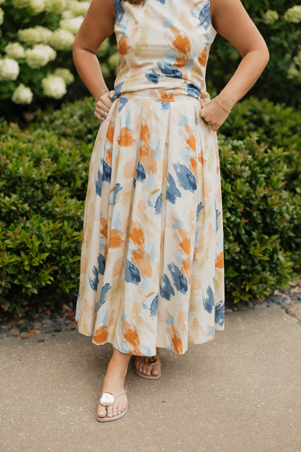 Sawyer Navy/Orange Watercolor Print Pleated Skirt