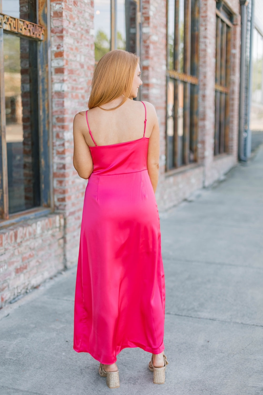 Raspberry Satin Wrap Tie Midi Dress