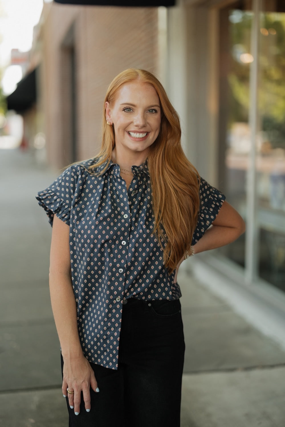 Ginny Navy Geometric Diamond Print Top