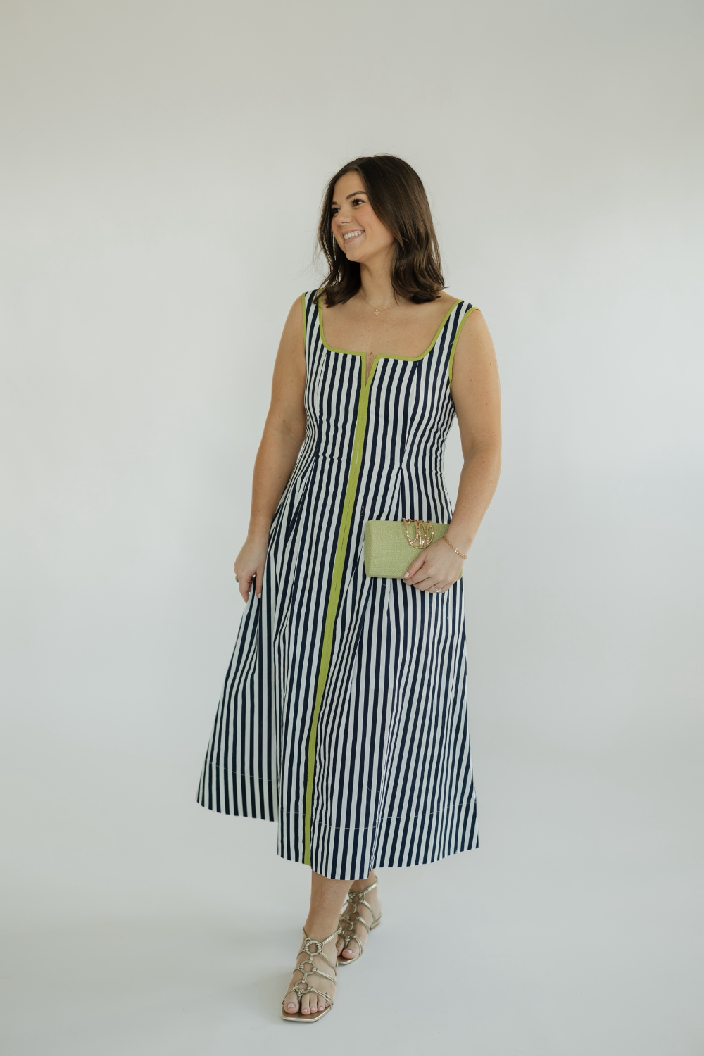 Chandler Navy Striped Square Neck Midi Dress