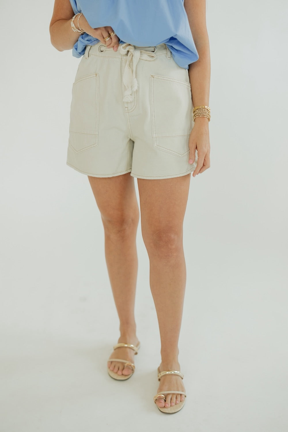 Ecru Washed Front Pocket Denim Shorts