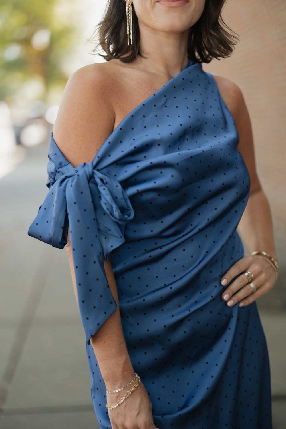 Remie Asymmetrical Blue Polka Dot Midi Dress
